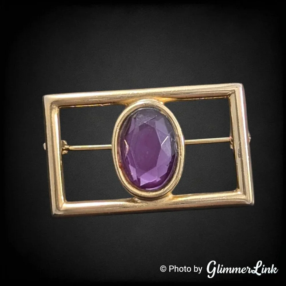Vintage Art Deco Style Purple Acrylic Stone Openwork Gold Tone Rectangle Brooch